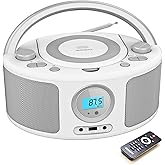 Portable CD Player Boombox with Bluetooth, FM Radio Stereo, Remote Control, USB MP3 Playback, 3.5mm Headphone Jack, AC/Batter