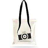 Mellow Buff Cotton Silhoutte Tote Bag Camera Design, Shopping Bag, Extra strong Zip With Inner Pocket, Reusable - Set of 1 …