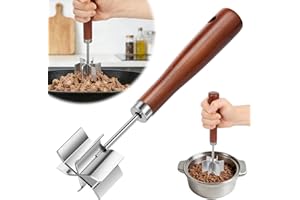 Stainless Steel Meat Masher, Heavy Duty 6 Curve Blades Ground Beef Chopper Tool with Wooden Handle, Heat Resistant Meat Mashe