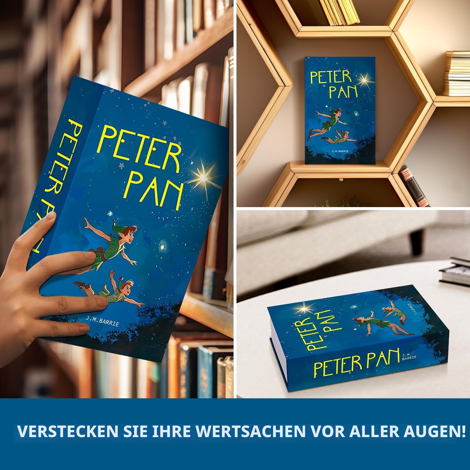 Sekam Buchtresor mit Zahlenschloss, Versteckter Safe (24 x 15 x 5,5 cm) mit Feuerfester Tasche, Buchbox Versteckte Aufbewahrung,Geldverstecke für Zuhause,Geldkassette Buchsafe für Bargeld (Peter Pan) 5