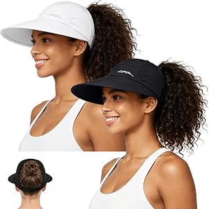 2 Pack Womens Sun Hat with High Ponytail,Wide Brim UV Visor Sun Protection Baseball Hat for Fishing Golf