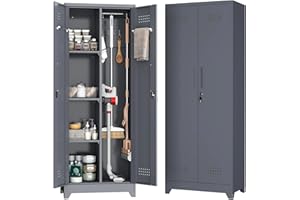 NICEGDLT Broom Closet,Broom Closet Storage Cabinets with Lock, 65" Metal Garage Organization Cabinet,Cleaning SupplyUtility S