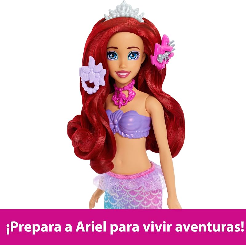 Mattel Disney Princesses Ariel com boneca de sereia desdobrável Vanity Fashion com cauda removível e penteadeira com cinco surpresas repetíveis e cinco acessórios, JBF86