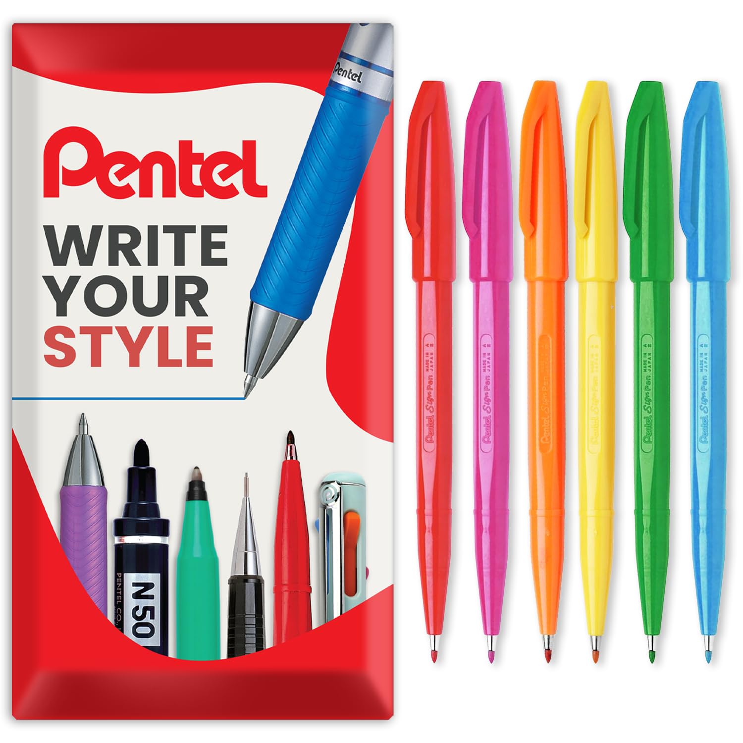 Pentel S520 Original Sign Pen Fibre Tip Marker Fineliner Pens - 2mm Nib - 1mm Line - Pack of 6 in Envelope Gift Packaging (Tropical)