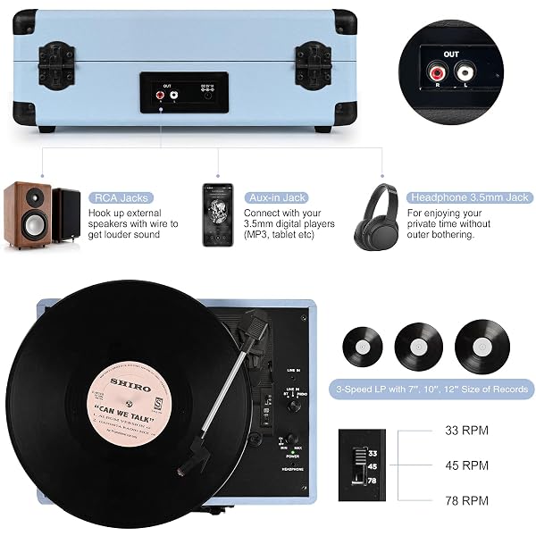 PORTABLE SUITCASE RECORD PLAYER, 3-SPEED BELT-DRIVEN VINYL TURNTABLE WITH BLUETOOTH, BUILT-IN SPEAKERS, RCA LINE OUT, AUX, HEADPHONE JACK, VINTAGE HAZE BLUE