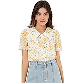 Allegra K Women's Peter Pan Collar Shirt Lace Trim Floral Embroidered 1940s Peasant Blouse