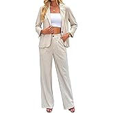 Women's Linen 2 Piece Outfits Blazer Suit Wide Leg Pantsuits Dressy Business Casual Work Jackets Sets