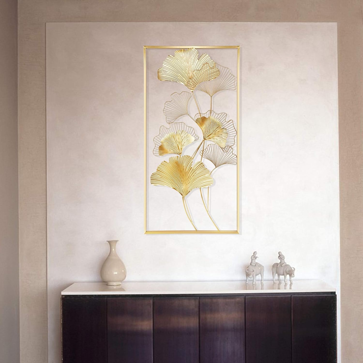 Lulu Home Metal Wall Decor, 39" X 20" Golden Ginkgo Leaf Wall Hanging Decor with Frame, Golden Metal Art Wall Sculpture for Living Room, Office, Study, Large: Everything Else