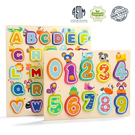 Top Bright Wooden Number And Letter Puzzles Learning Gift For Boys And Girls 2 Year Old Preschool Toddler Learning Alphabet Blocks Board Pack Of 2