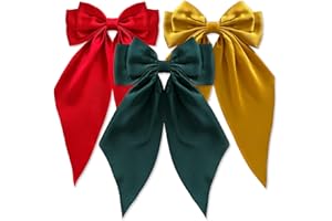 Loqpol 3 PCS Silky Satin Hair Bows, Oversized Long Tail Bows with Barrette Clips, Coquette Hair Accessories for Women and Girls (Red - Green - Yellow)