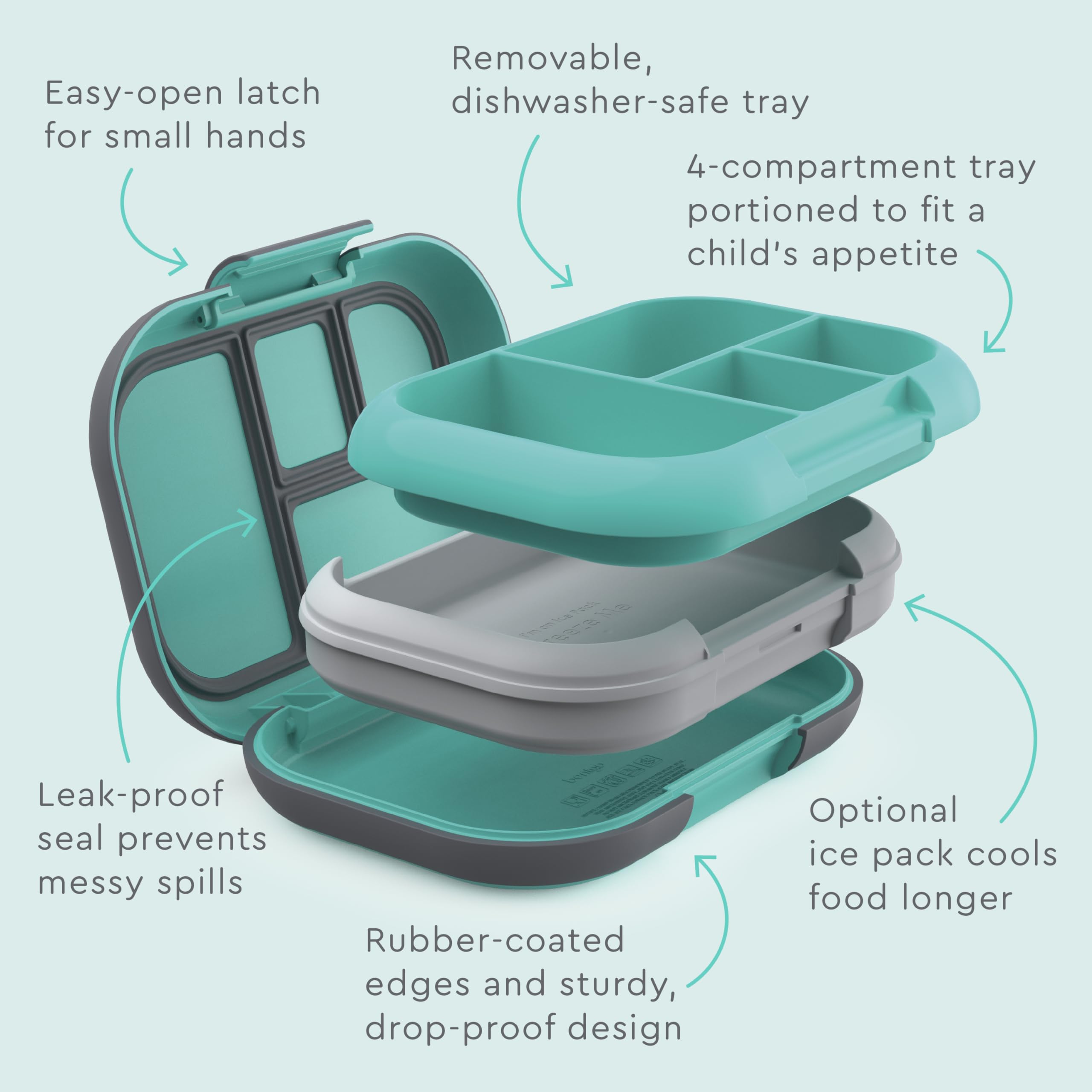 Bentgo Chill Kids Leak-Proof Lunch Box - 4-Compartment Bento Box with Built-In Ice Pack, 3.3 Cup Capacity, PFAS & BPA-Free, Microwave & Dishwasher Safe, Ideal Size for Ages 3 to 7 (Electric Aqua)