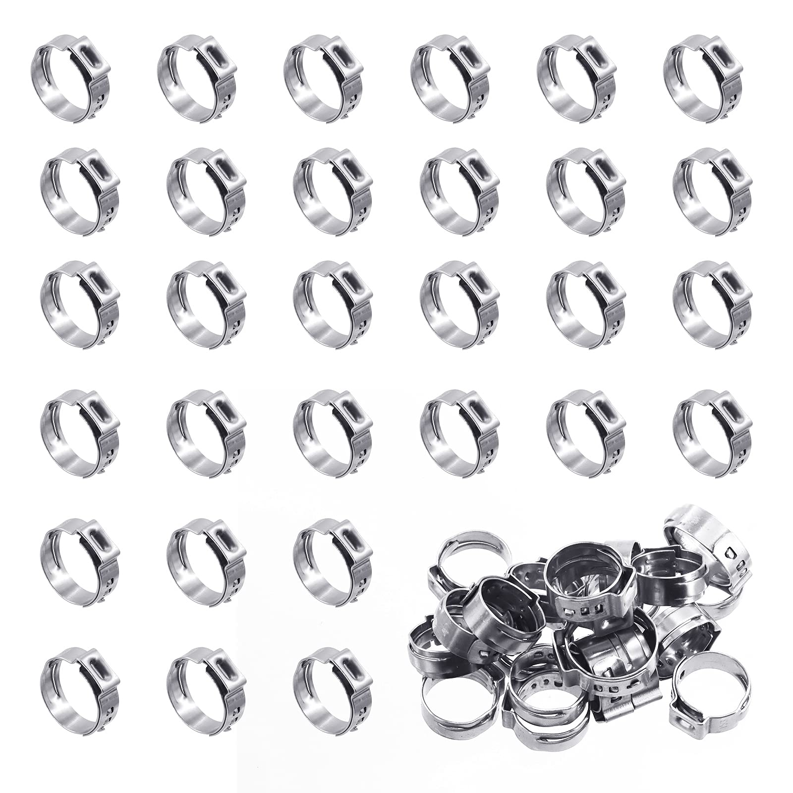 Wokape 50Pcs 12.8-15.3mm Single Ear Hose Clamps, 304 Stainless Steel PEX Pinch Clamps Cinch Rings Crimping Tool Stepless Hose Clamp for Securing Pipe Hoses and Automotive