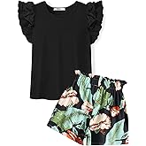 Arshiner Girls 2 Piece Outfits Summer Clothes Ruffle Short Sleeve Shirts Top and High Waist Paper Bag Shorts Set with Pockets