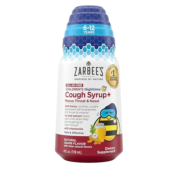 ZARBEE’S KIDS ALL-IN-ONE NIGHTTIME COUGH FOR CHILDREN 6-12 WITH DARK HONEY, TURMERIC, B-VITAMINS & ZINC, #1 PEDIATRICIAN RECOMMENDED, DRUG & ALCOHOL-FREE, GRAPE FLAVOR, 4FL OZ