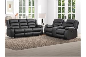 EBELLO Faux Leather Manual Recliner Sofa Set, Loveseat Reclining Sofa and 3 Seat Recliner Sofa, Couch Set for Living Room, Bedroom, Meeting Room, Black (Loveseat+Sofa)