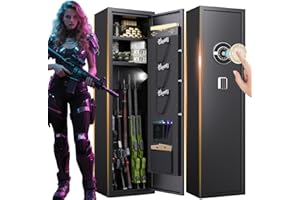 AOJUFEO 8-12 Gun Safe for Rifles and Pistols, No Assembly Required, Large Rifle Safes for Home, Fingerprint Gun Cabinet for Shotguns, Alarm System, Adjustable Rack, Safe Mode (57"H x 12"D x 14"W)