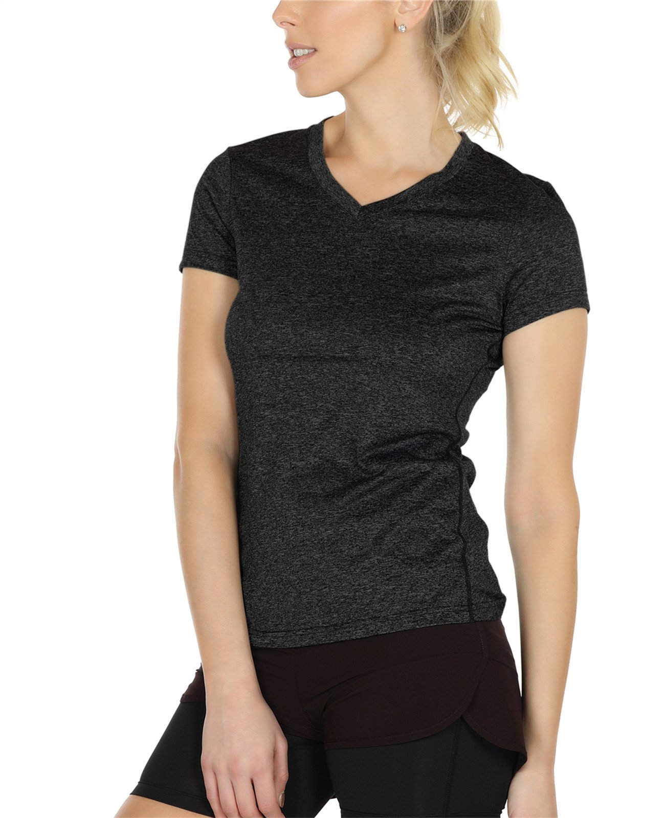 icyZone Workout Shirts Yoga Tops Activewear V-Neck T-shirts for Women Running Fitness Sports Short Sleeve Tees (L, Black Heather)