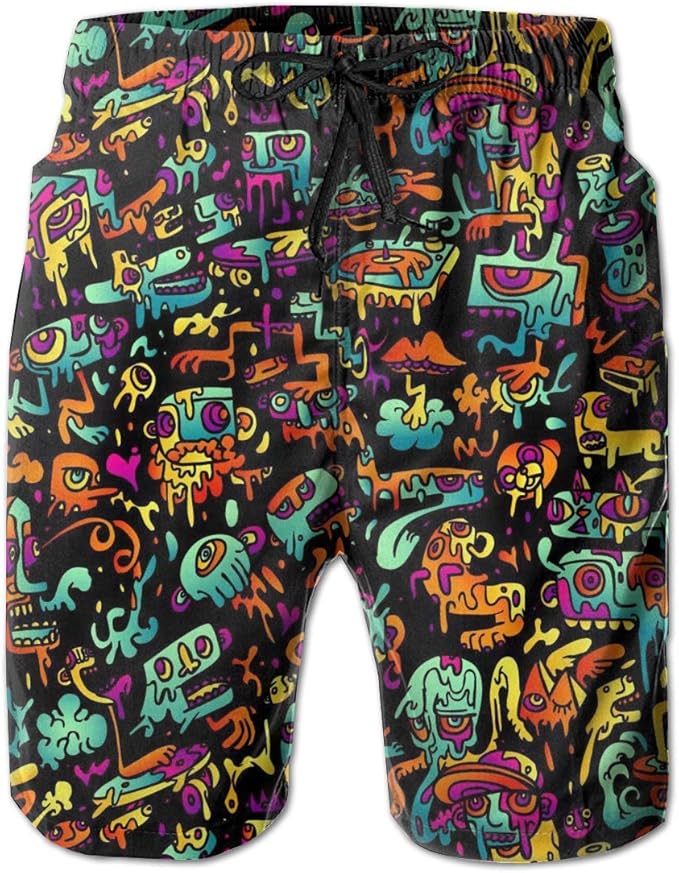 Funny Z Mens Board Shorts Trippy DJ Art Black Quick Dry Swim Surf