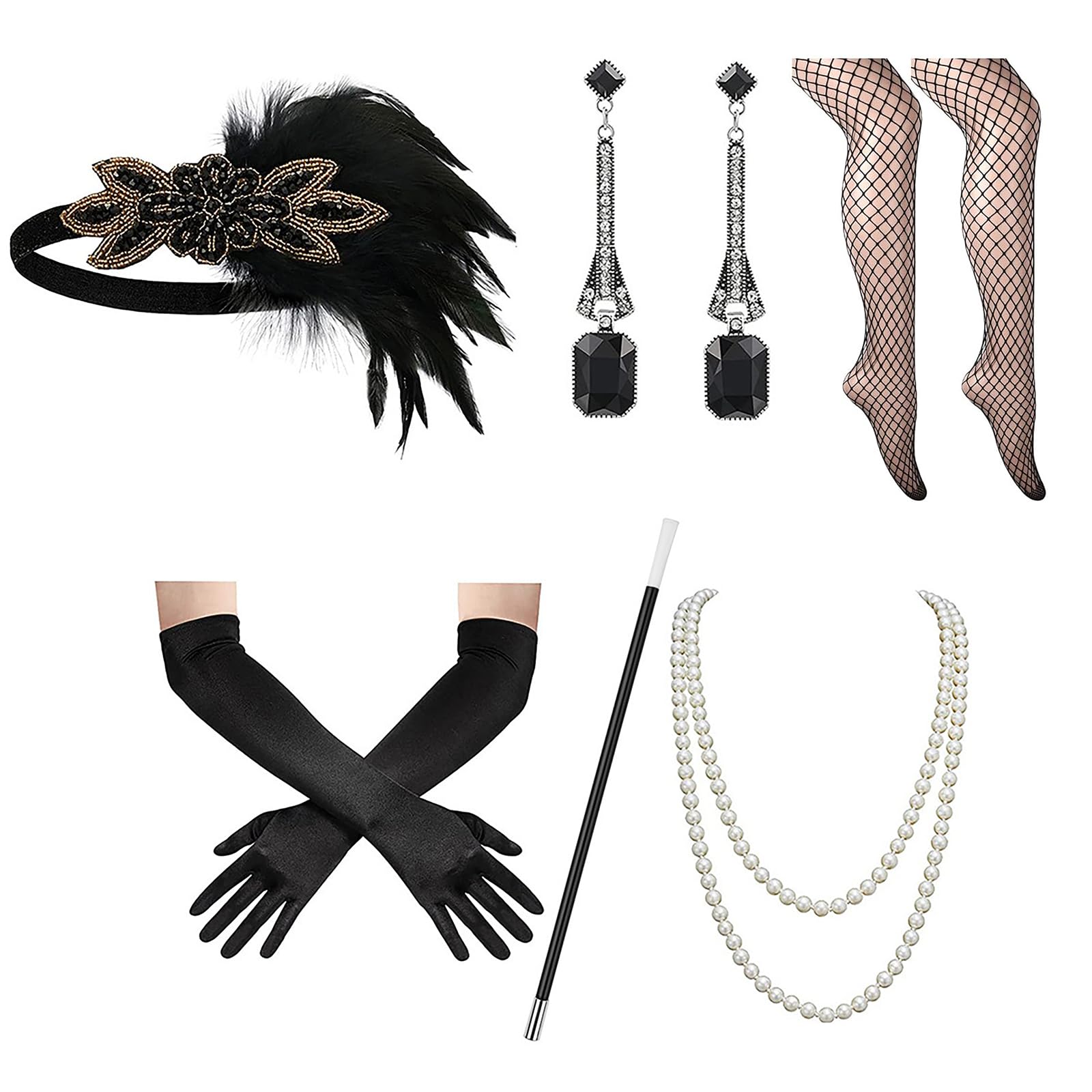 PLATEYTR 1920s Accessories Set for Women: Black Feather & Bead Headpiece, Faux Pearl Necklace, Earrings, Mesh Socks, Gloves & Stick - Vintage Gatsby Cosplay Accessories for Adult Women