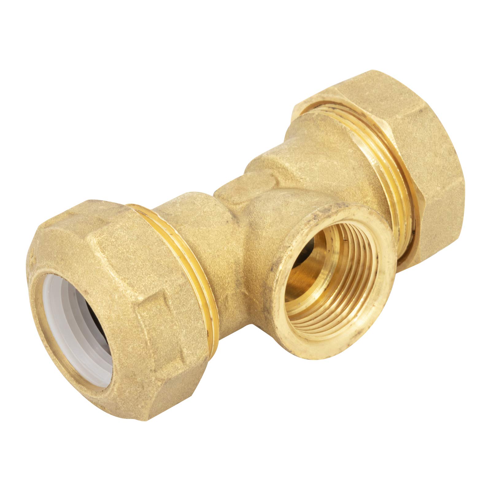 Brass T-piece socket clamp connector for PE pipe, ideal connector for industry, trade and household, ø 32 x 1” x ø 32, 1