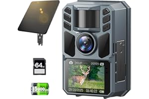 FKPCAM Trail Camera Solar Panel 4K 64MP, Game Camera with 5000mAh Battery and 64GB SD Card, IP67 Waterproof, Solar Powered Night Vision Motion Activated Wildlife Hunting Camera, Grey