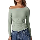 QINSEN Women's Sexy Off Shoulder Shirt Long Sleeve Double Lined Tops Side Ruched Fitted Tees