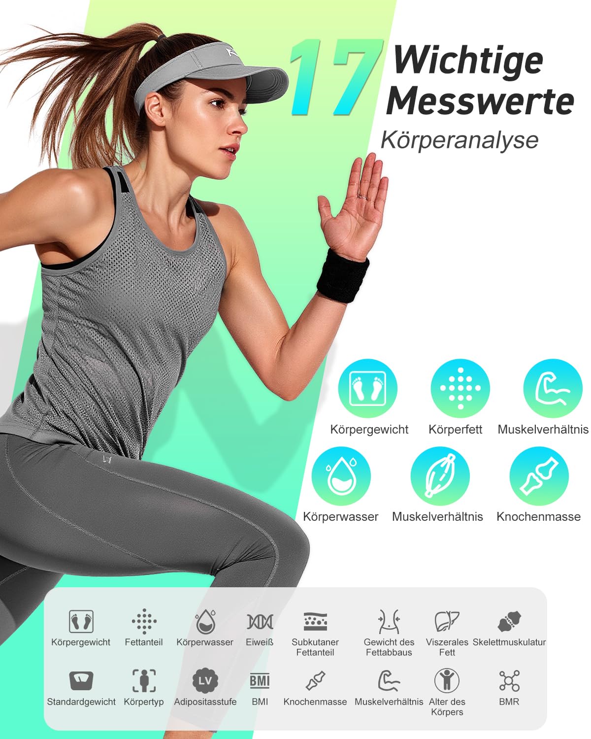 INSMART Personenwaage Digital, Waage personen mit Bluetooth, Körperfettwaage für BMI, Gewicht, Körperfett, Pulsschlag, Muskelmasse, Wasser, Protein, Skelettmuskel, Knochengewicht, BMR, usw. 2