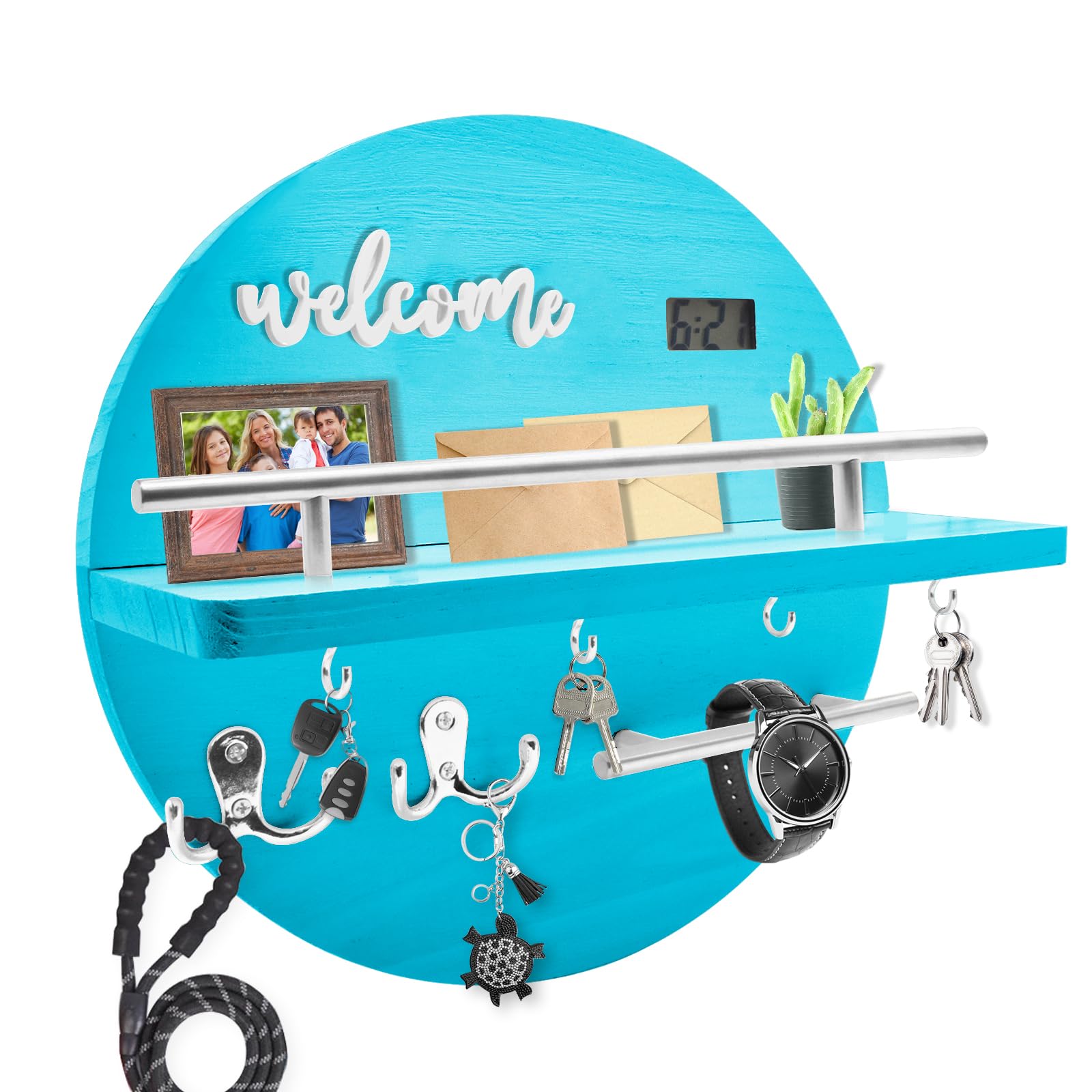 DAAIXC Key Holder for Wall Decorative,Round Wooden Key Hooks Wall Mounted with Shelf and Hooks Key Rack Organizer for Entrance Area Mudroom Hallway Kitchen Office (Blue)