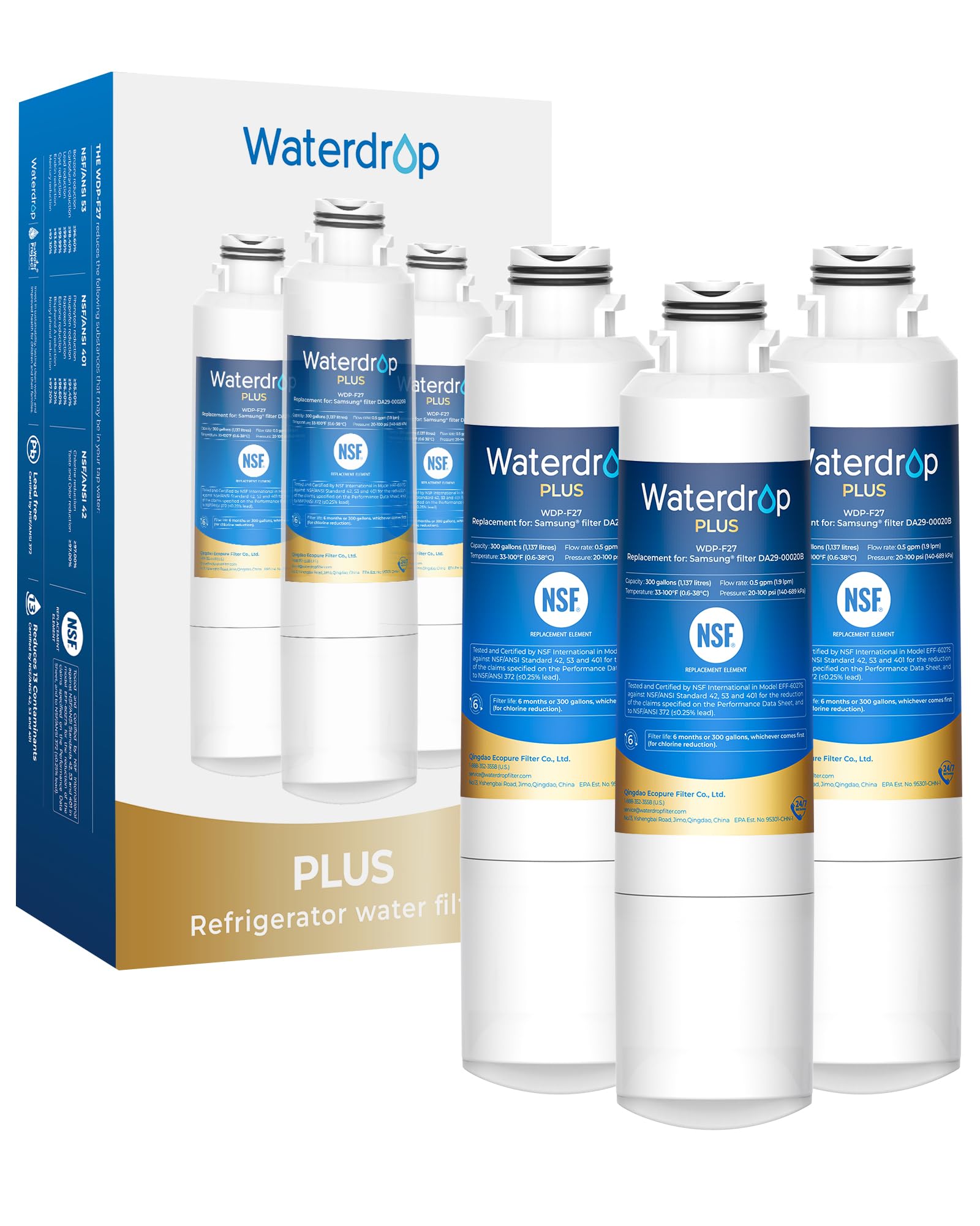 Waterdrop Plus DA29-00020B Filtro de agua para refrigerador certificado NSF 401&53&42, reemplazo para filtro de agua Samsung® HAF-CIN/EXP, HAF-CIN, FMS-2, RF28HMEDBSR, RF263BEAESR, 3 filtros (el paquete puede variar)