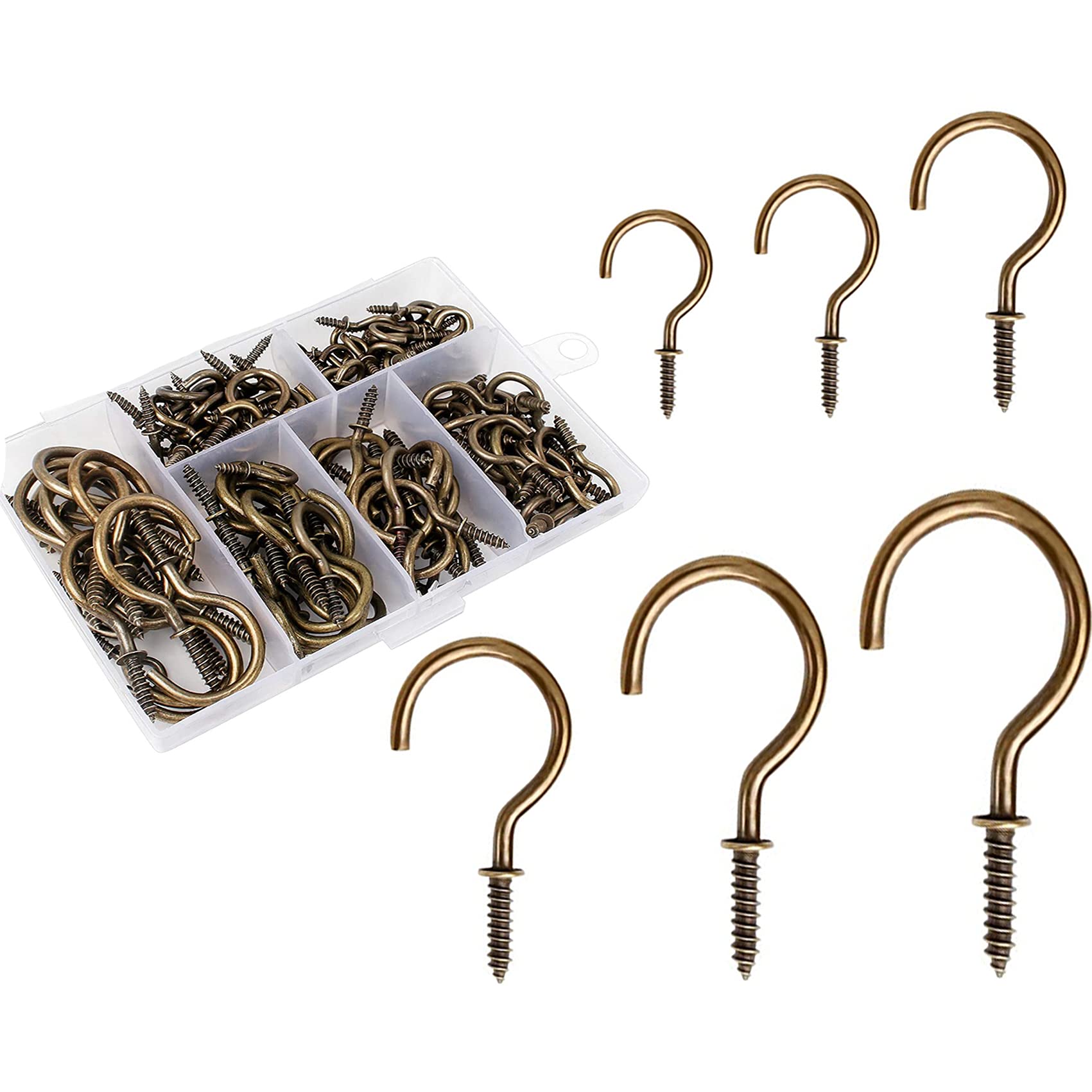 90 Pcs Screw in Hooks, Cup Hooks 6 Sizes Hooks for Hanging Mug Cup Ceiling Hooks for Hanging Tea Cup Key Indoor and Outdoor Use (Bronze)