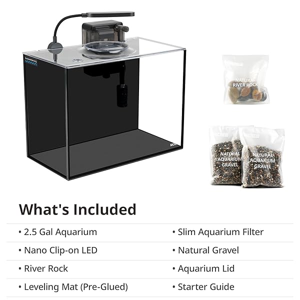 NICREW 2.5 GALLON NANO NATURE AQUARIUM KIT, ULTRA-CLEAR RIMLESS DESKTOP FISH TANK WITH LIGHT, FILTER, GRAVEL AND ROCK, PERFECT FOR SMALL FISH, SHRIMP, OR BETTA, COMPLETE VERSION, BLACK