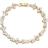 EVER FAITH Gorgeous Cubic Zirconia Wedding Jewelry for Bride Bridesmaid, Elegant Simulated Pearl Teardrop Tennis Bracelet Gift for Women