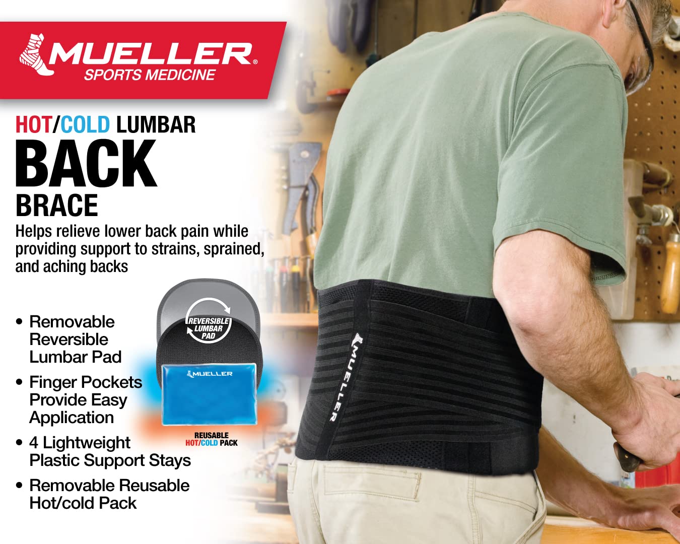 MUELLER Sports Medicine 4-in-1 Lumbar Back Brace with Hot/Cold Pack, Ideal for Upper and Lower Back Pain, Relief & Support for Men and Women, Strains, Sciatica, Scoliosis, Black, One Size
