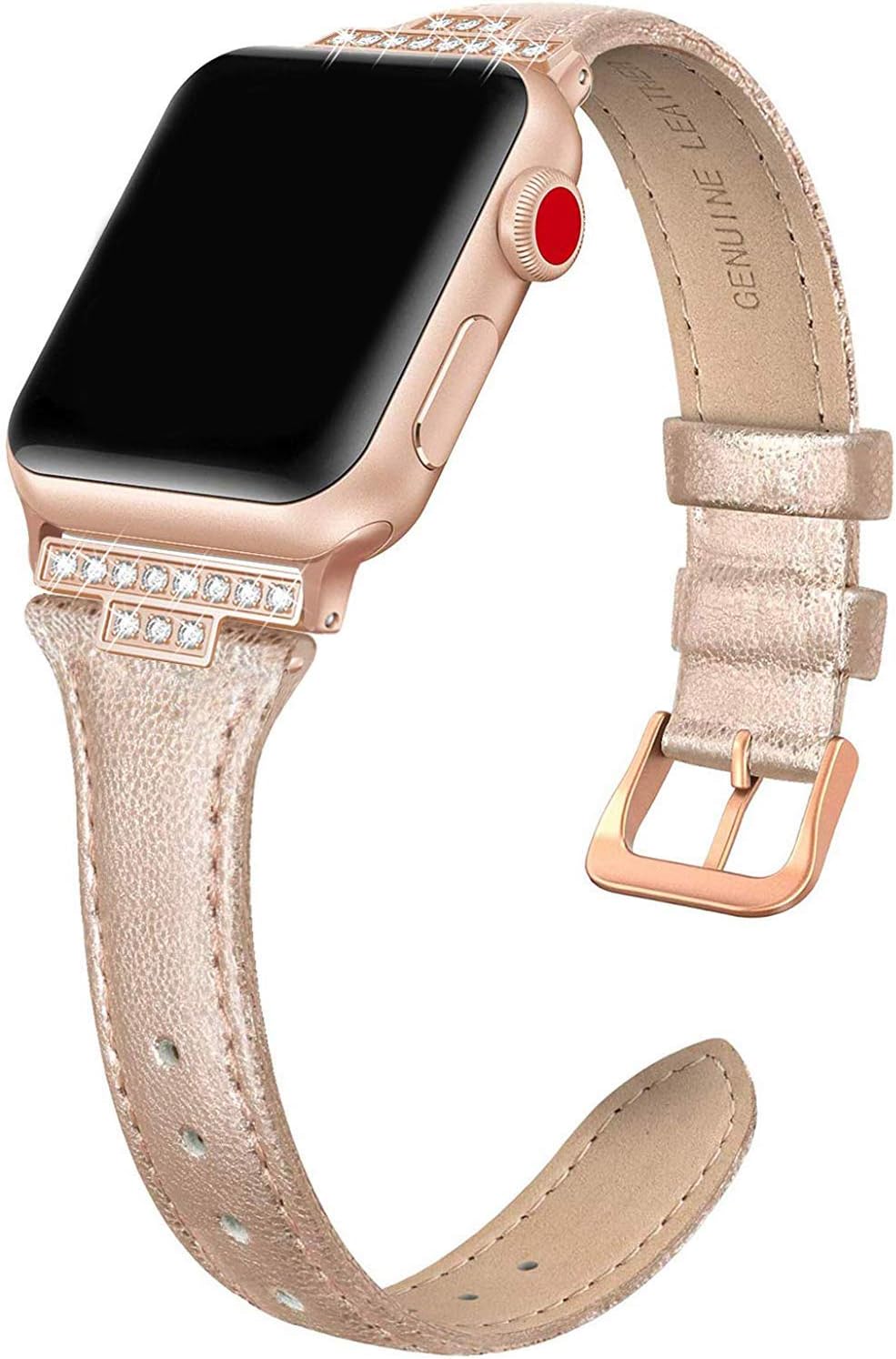 SWEES Genuine Leather Band Compatible with iWatch 38mm 40mm, Slim Thin Dressy Design Bling Diamond Strap Compatible with iWatch Series 6, 5, 4, 3, 2, 1, SE, Sport & Edition Women, Rose Gold