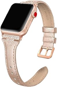 SWEES Genuine Leather Band Compatible with iWatch 38mm 40mm, Slim Thin Dressy Design Bling Diamond Strap Compatible with iWatch Series 6, 5, 4, 3, 2, 1, SE, Sport & Edition Women, Rose Gold