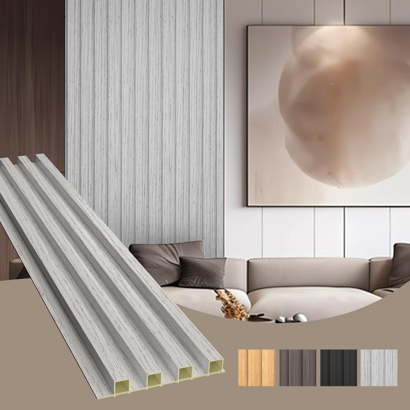 Photo 1 of OUZUGIE WPC Acoustic Slat Wall Paneling, 8-Pack 114 x 6 Inches 3D Wall Panels for Interior Wall Decor,Living Room,TV Background,Study Room,Office Spaces,Bedroom,High Grille (Grey)