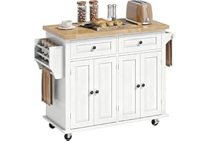 HOMCOM Kitchen Island Cart with Rubber Wood Top, Rolling Kitchen Island Table on Wheels with Drawers, Adjustable Shelves, Spi