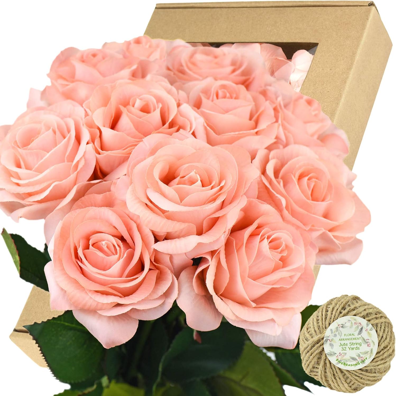 FiveSeasonStuff Fake Roses Wedding Flowers Real Touch Silk Peach Pink Artificial