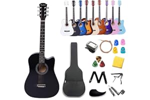 Rosefinch 38 inch Acoustic Guitar Child&Adult Size for Beginners Guitare Acoustique Adulte Folk Wooden Guitar Kit with Bag Picks Capo Strap 6 Steel Strings(38" Black)