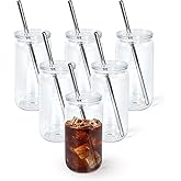 Icesip 16oz Acrylic Mason Jar Cups, Clear Cups with Plastic Lids and Straws, Iced Coffee Cup Drinking Glass Tumbler for Whiskey, Soda, Tea, Juice, Gift, 6pcs