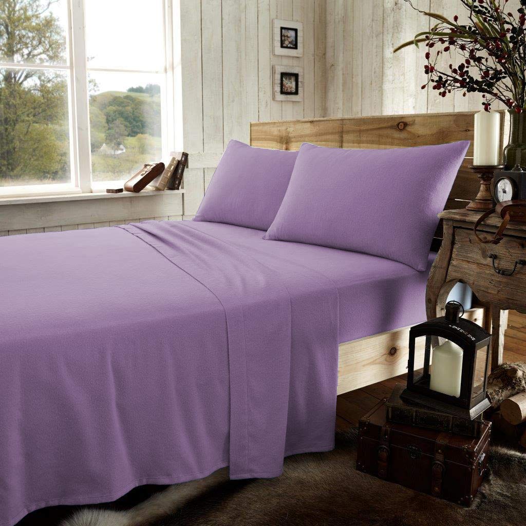 mFabrics Luxury Soft 100% Brushed Cotton Thermal Flannelette Extra Deep Fitted Sheet | Elasticated Corners | 40cm / 16" Deep Fitted Sheets (Lilac, Pillowcase Pair)