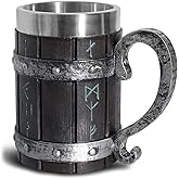LAUGOKOBE Nordic Viking Rune Mug, Stainless Steel Drinking Beer Tankard Novelty Coffee Cup, Norse Mythology Beer Stein Mug, Cool Poetic Gothic Party Decor Gift Mugs for Men 18OZ