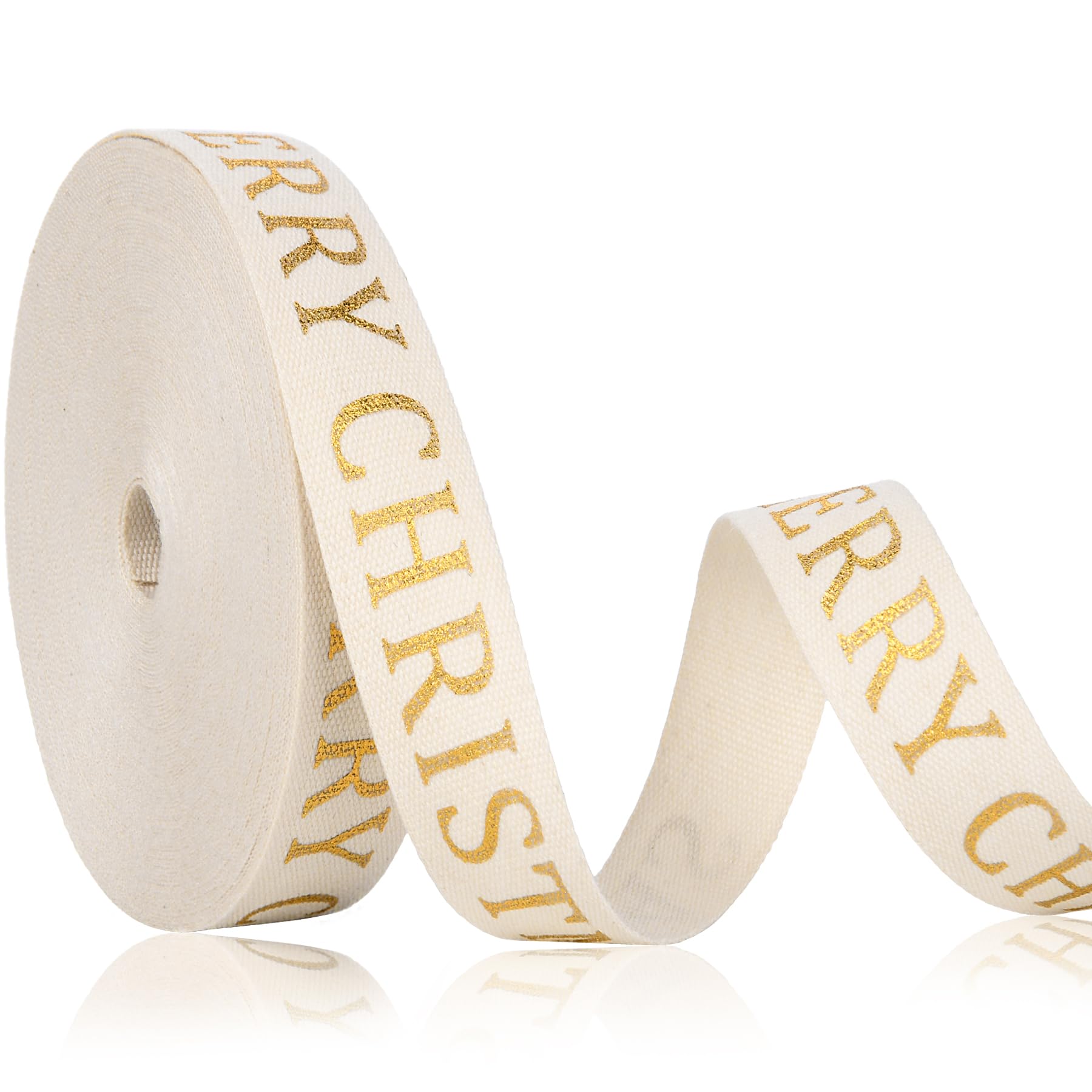 Photo 1 of 10 Yard Christmas Cotton Ribbon - Glitter, Elegant, Merry, Natural for Craft Gift Wrapping (Golden)