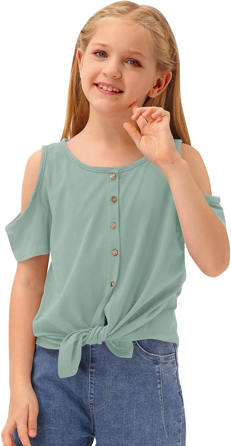 BesserBay Girl's Tie Front Cold Shoulder Short Sleeve Tunic Shirt 3-12 Years: Clothing