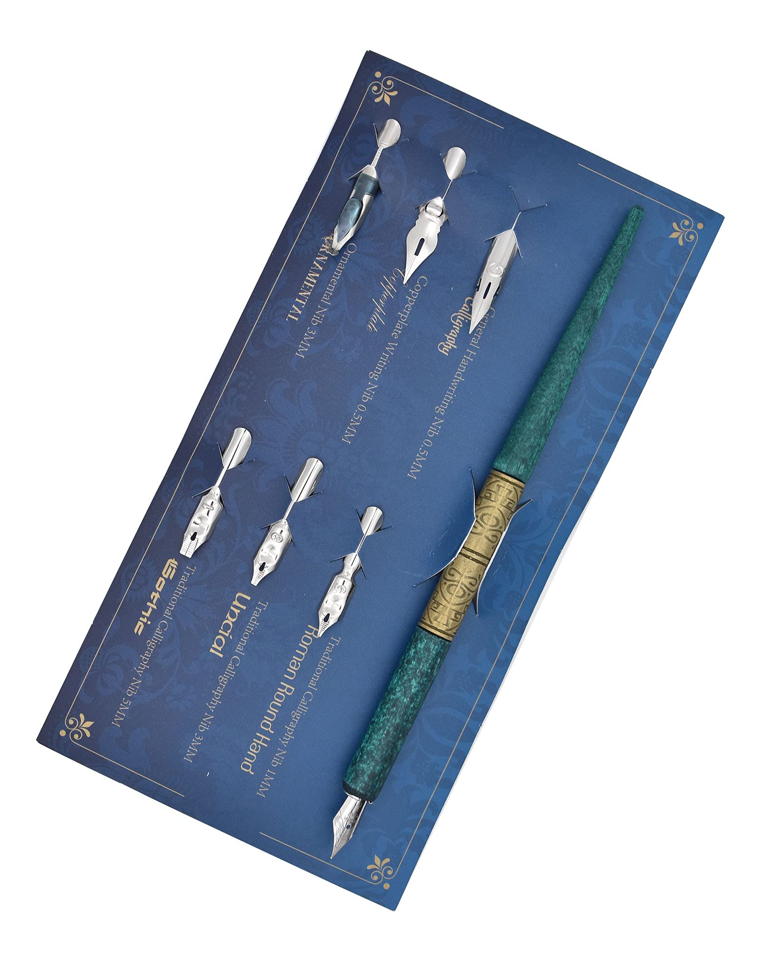 Gullor Wooden Dip Pen Calligraphy Set with Black Ink & 6 Nibs for Beginners, Kids, Writing, Signatures and Drawing, Ancient Cyan