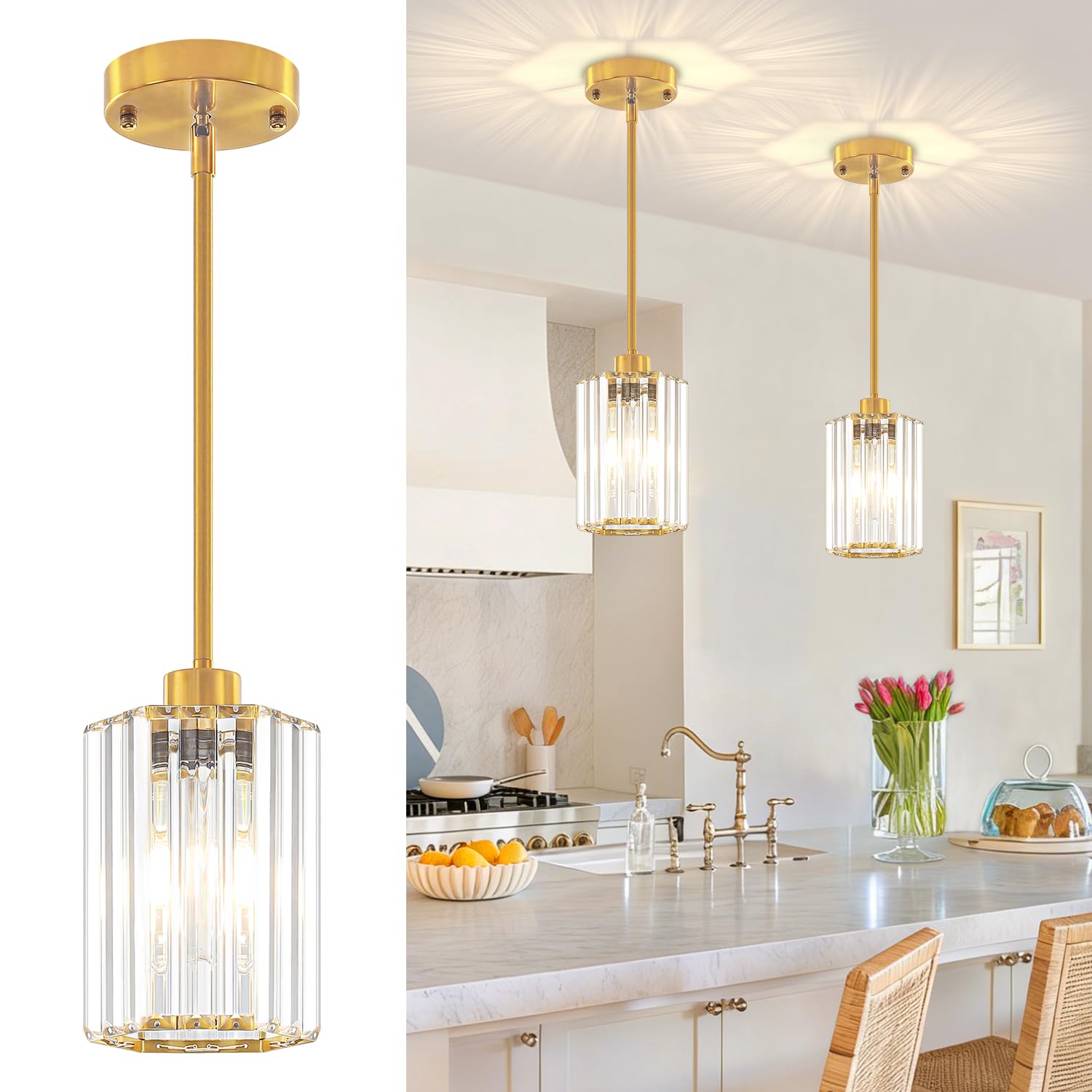 Photo 1 of 2-Pack Brushed Gold Pendant Lights Kitchen Island Modern Crystal Hanging Pendant Light Hexagonal Mini Chandelier Adjustable Hanging Kitchen Lights for Dining Room Hallway Bedroom Entryway Pendant Lamp