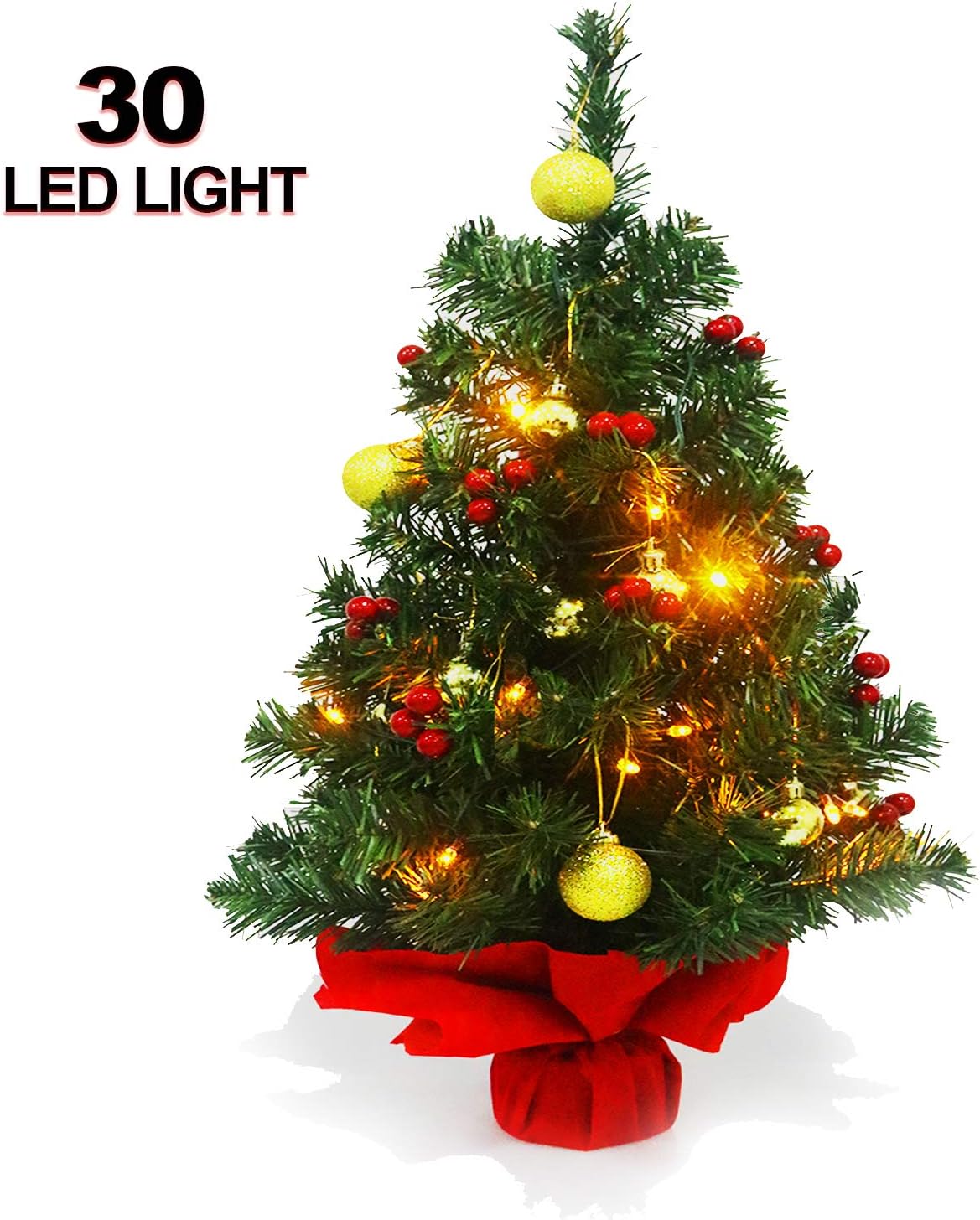 Lovinouse 22 Inch Pre-lit Tabletop Artificial Christmas Tree, Battery Operate, with 30 Warm LED Light, Red Berried, Gold Ornaments, Mini Xmas Tree