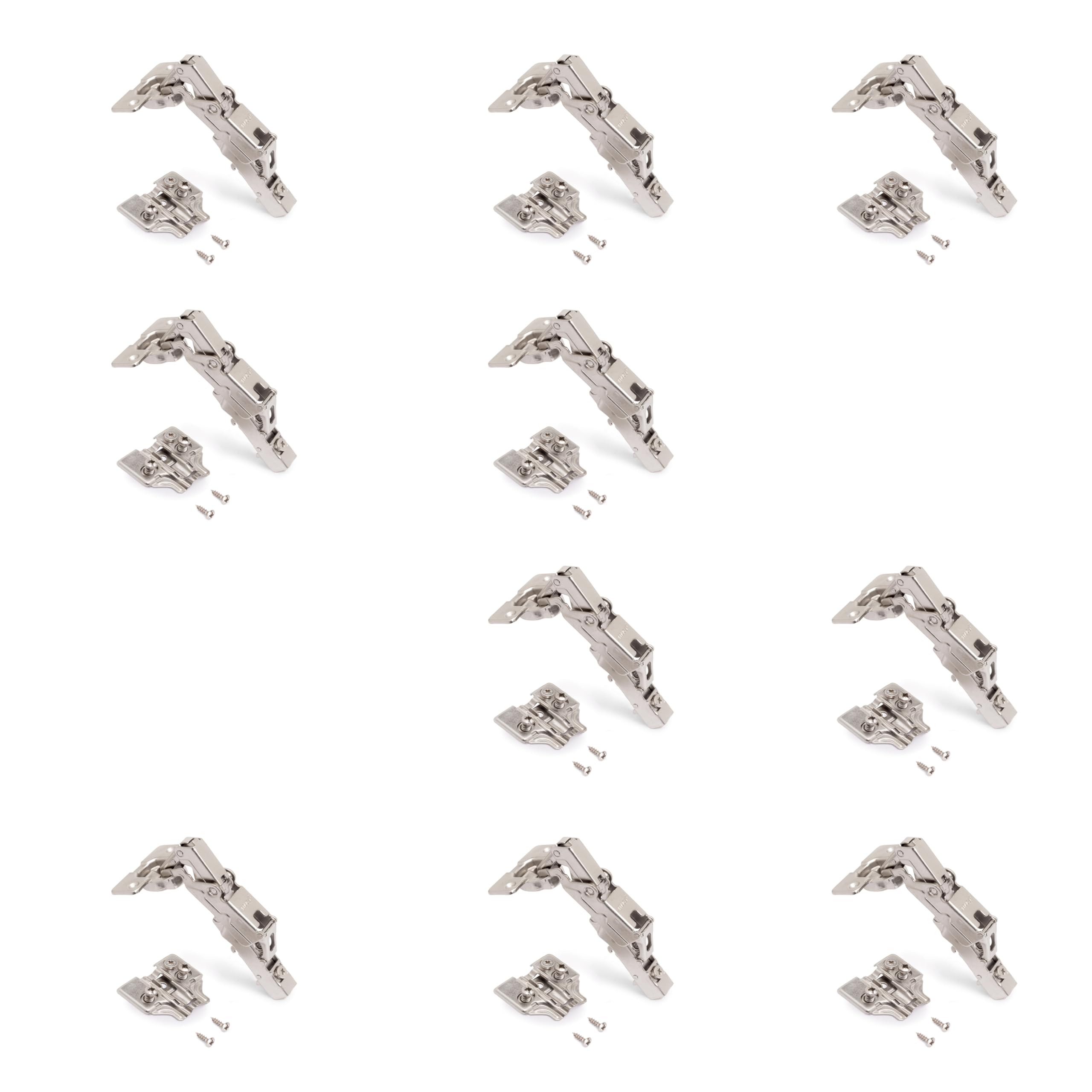 Emuca - Full Overlay Hinges X91, Opening 165º with Soft Closing and Euro Screw-in Plates, Height 0, Steel, Nickel Plated, 10 pcs