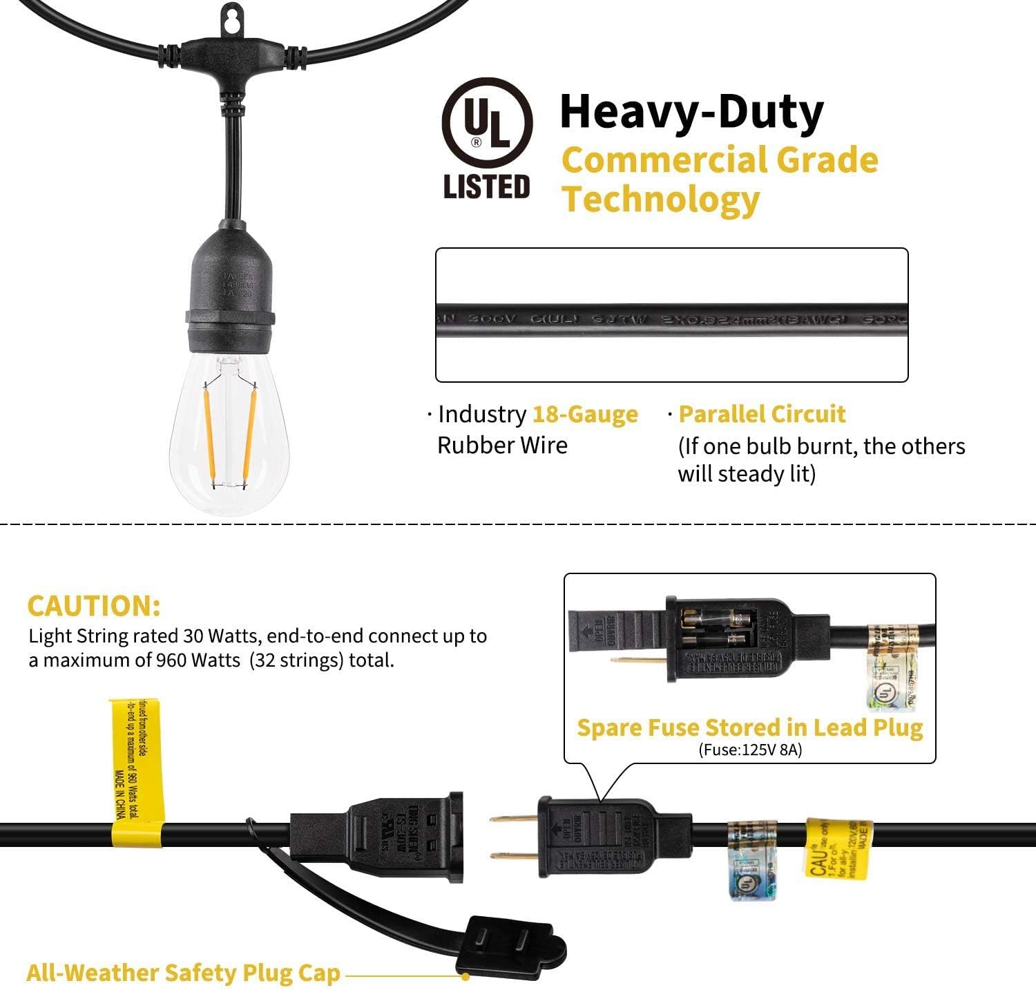 Minetom 48Ft LED Outdoor String Lights with 15 Shatterproof Energy Saving Bulbs, UL Listed Commercial Grade Connectable Weatherproof Strand for Patio Deck Backyard Garden Wedding, Black Cord, 2700K - - 