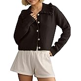 Ardrem Women Ruffle Collar Button Down Cropped Cardigan Long Sleeve Open Front Knit Sweaters Peplum Sweater Crop Jacket Tops